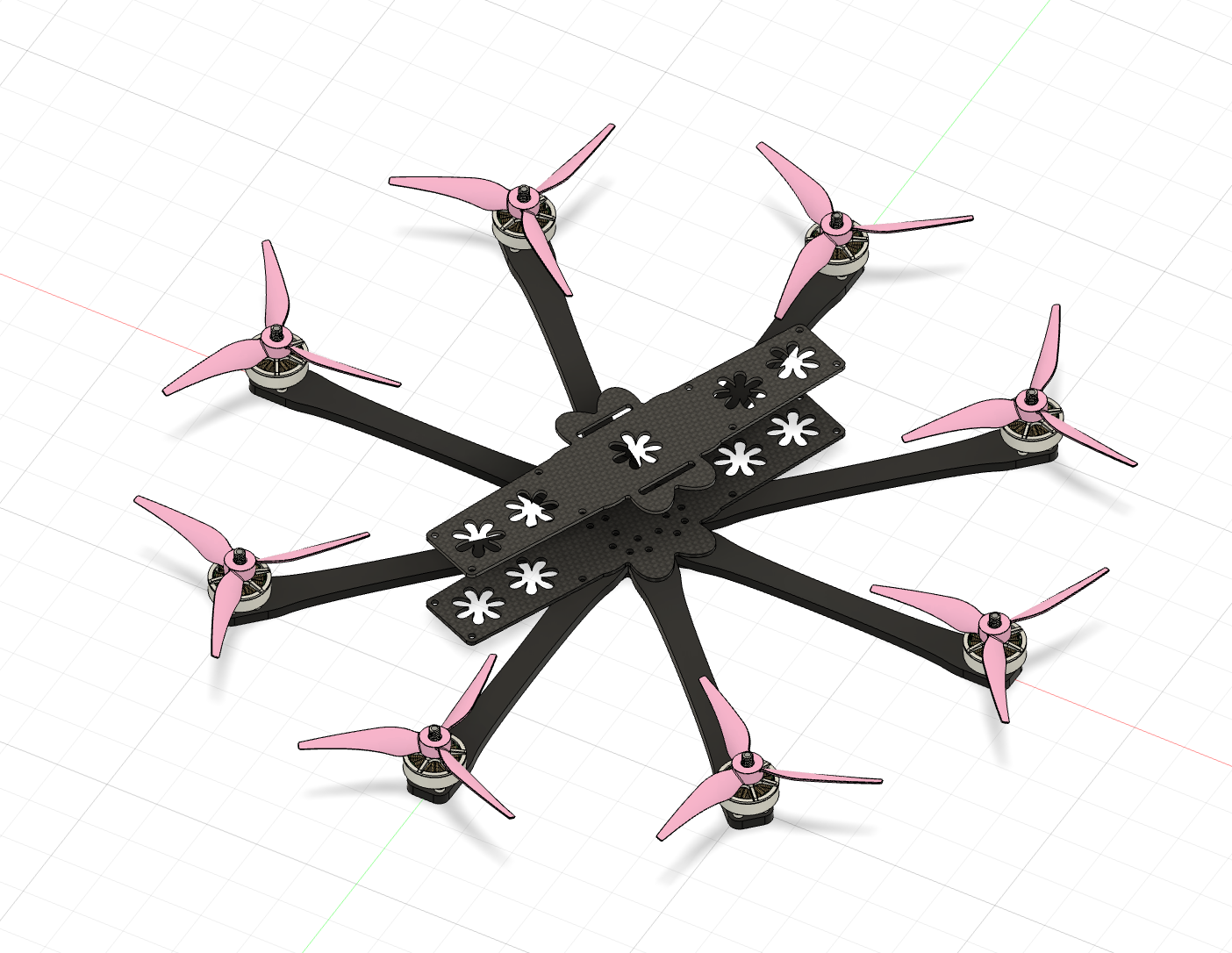 Fusion 360 CAD render with all eight motors placed on the frame