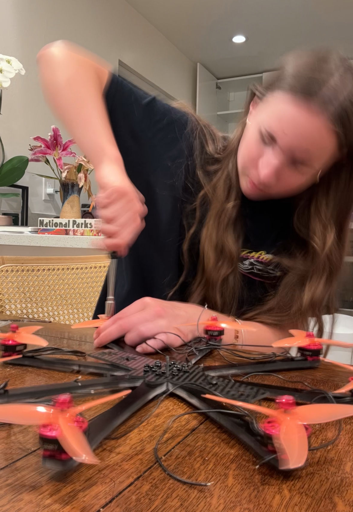 A screenshot from a timelapse of me attaching the motors + propellers to the body