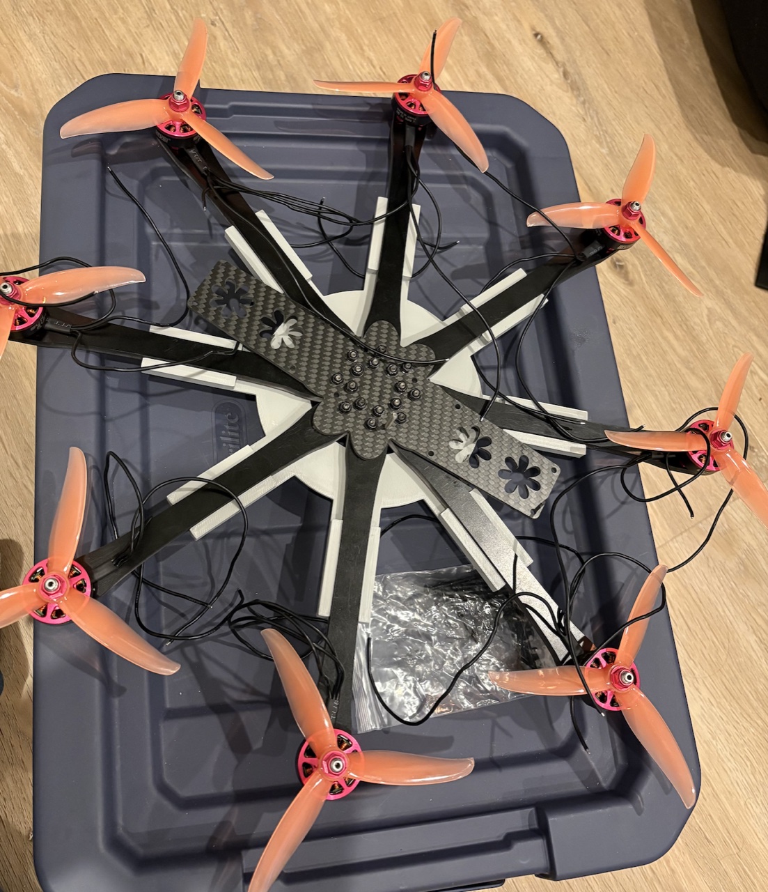 The drone sitting in the 3D printed jig