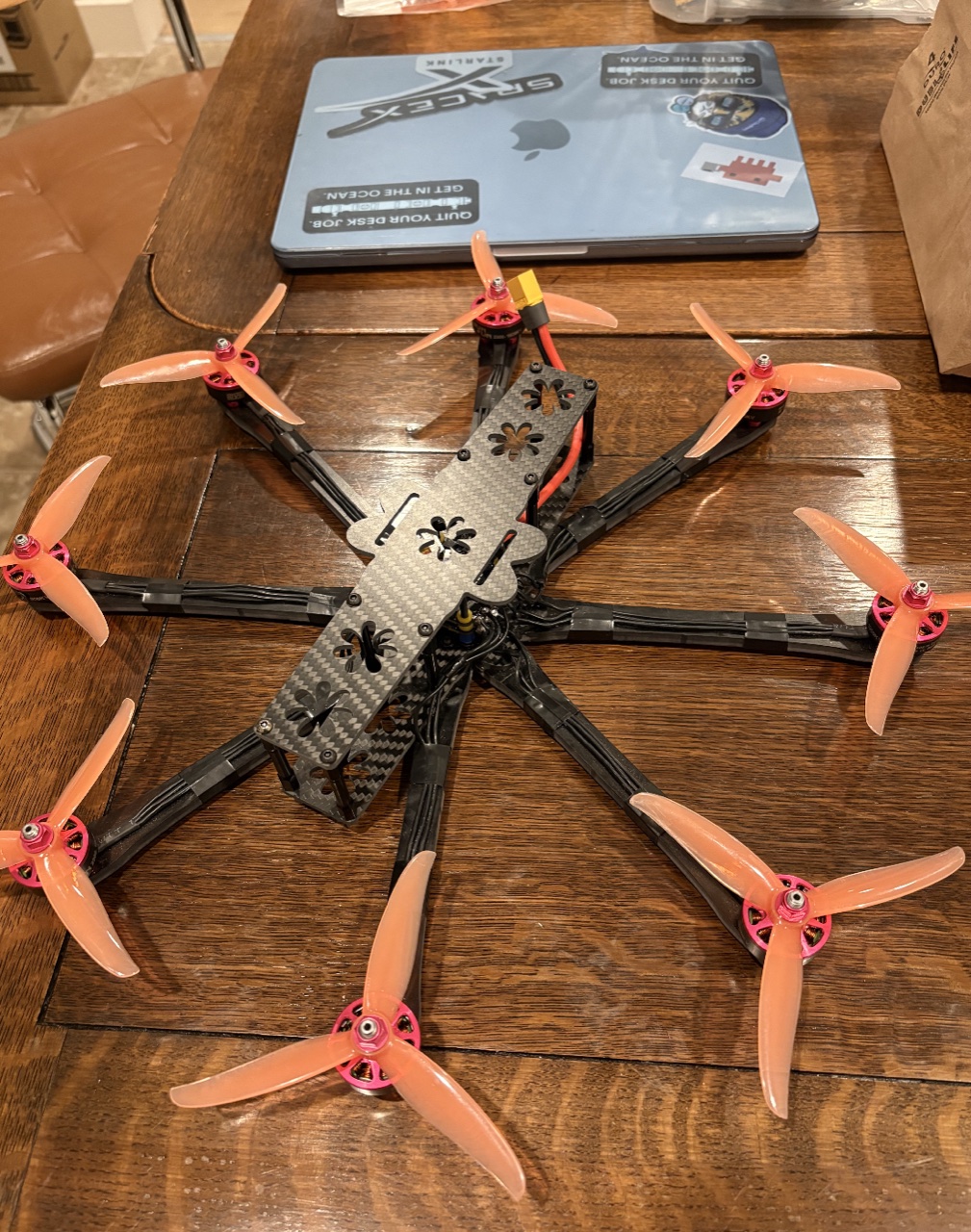 The drone with the top plate and standoffs attached
